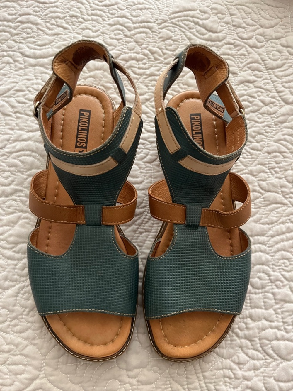 PIKOLINOS Teal and Tan Leather Strappy Wedge Sandals